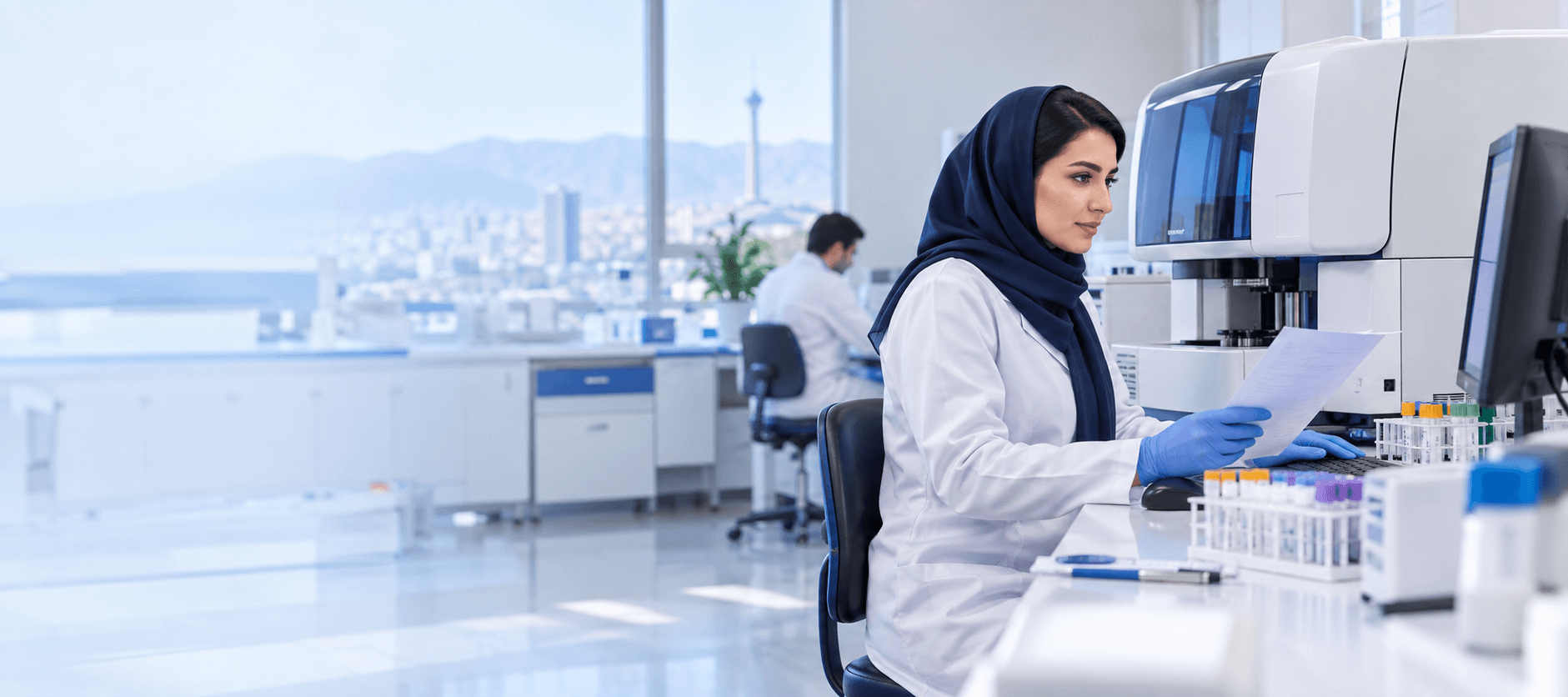 کارشناس آزمایشگاه در کنار تجهیزات تشخیصی، در حال بررسی کیفیت خدمات